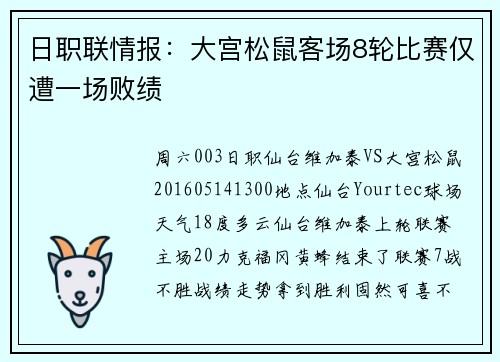 日职联情报：大宫松鼠客场8轮比赛仅遭一场败绩