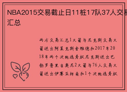 NBA2015交易截止日11桩17队37人交易汇总